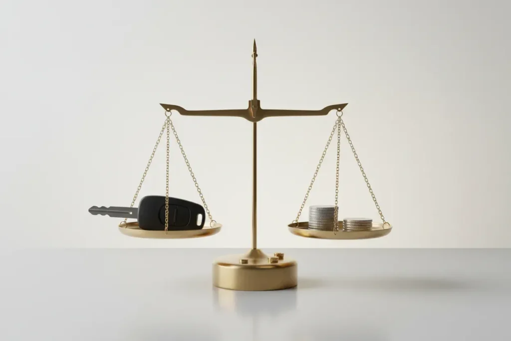 Brass balance scale with car key on one side and coin stack on the other, coins weighing lower, on a soft neutral background.