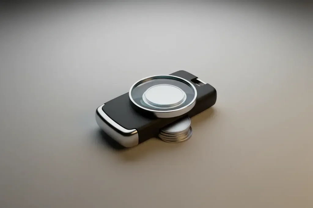 Car key fob on neutral background with magnifying glass revealing small coins hidden beneath, suggesting hidden auto loan fees.